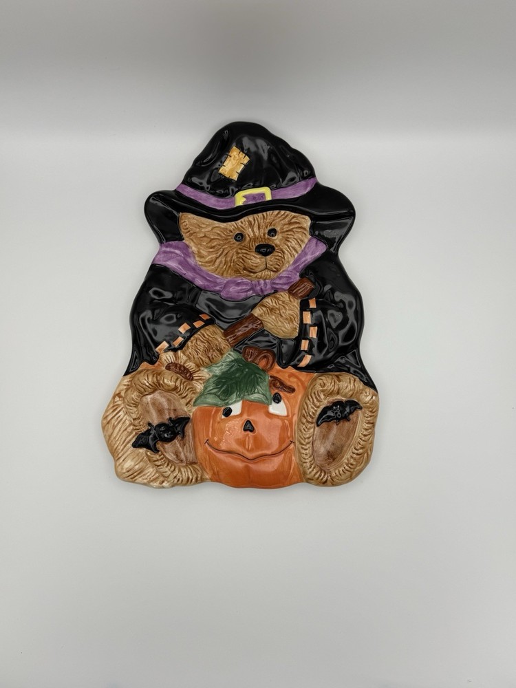Whimsical Fall / Halloween Bear Witch Pumpkin Ceramic Serving Plate