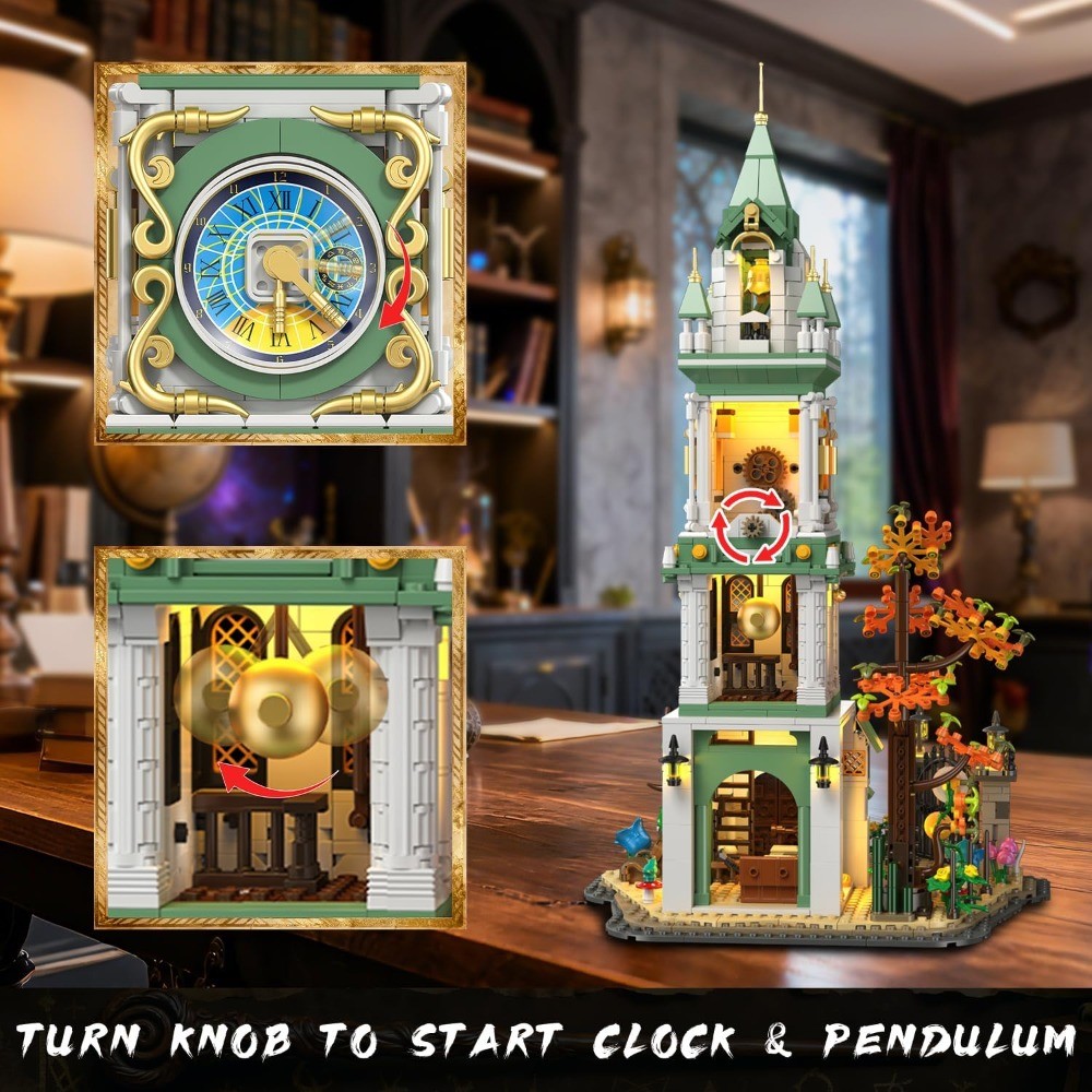 Magic Clock Tower Building Set with Light, 1566PCS Medieval Castle Model Kit