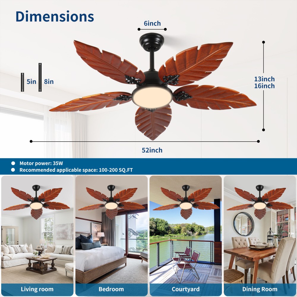 52" Palm Leaf Ceiling Fan w/ Light, Indoor/Outdoor, Reversible, Black+Bronze