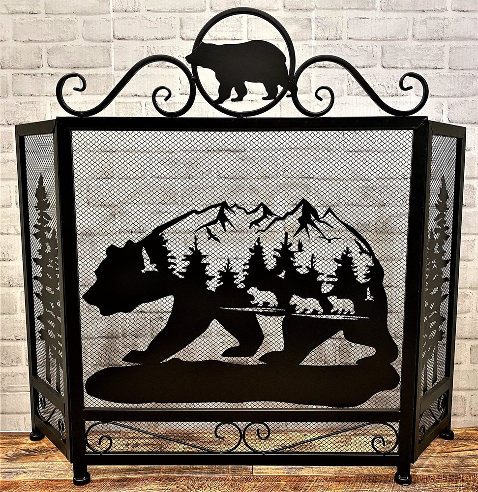 3-Panel Fireplace Screen with Bear and Mountain Scenery Design
