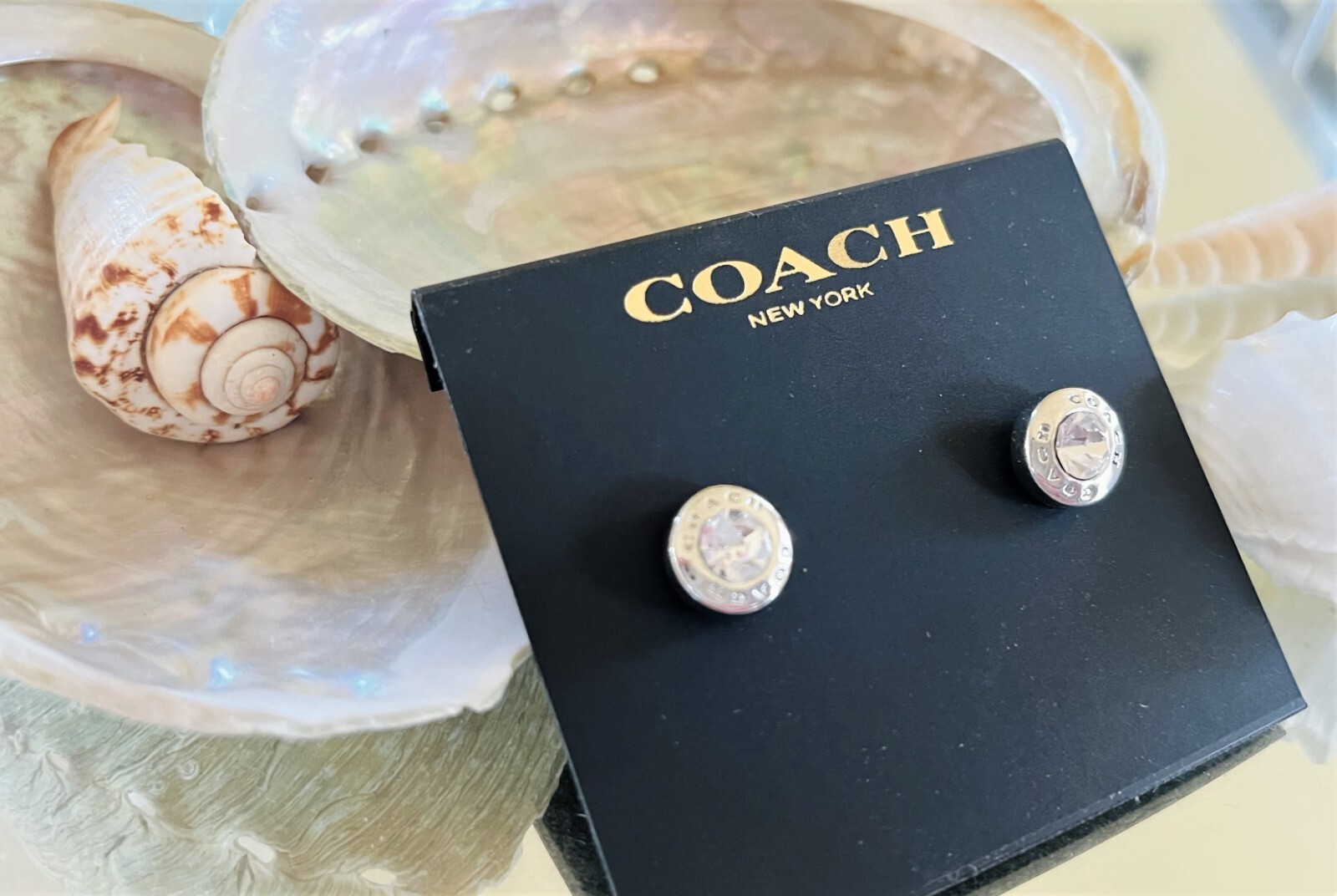 NWT Coach Open Circle Stone Pierced Earrings Silver Plated Stud