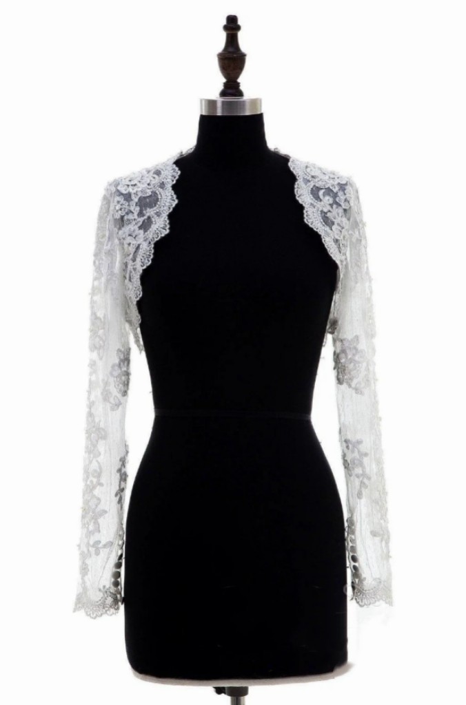 White Wedding Jacket for Bride Bolero Lace Ivory Long Sleeves Bridal Jackets