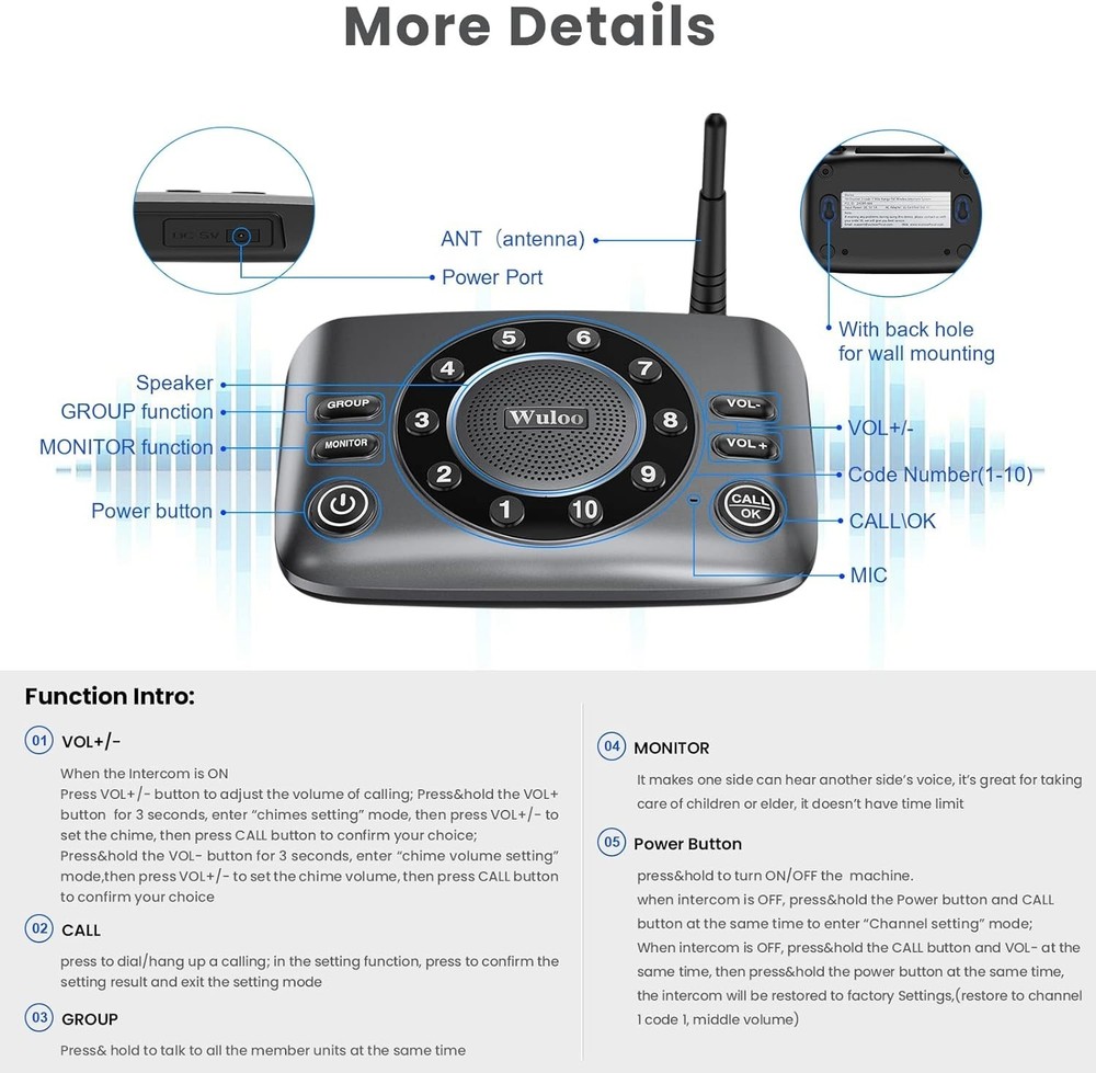 (2) Wuloo Full Duplex 2-Way Audio Wireless Intercom System 5280ft Range S600-P2