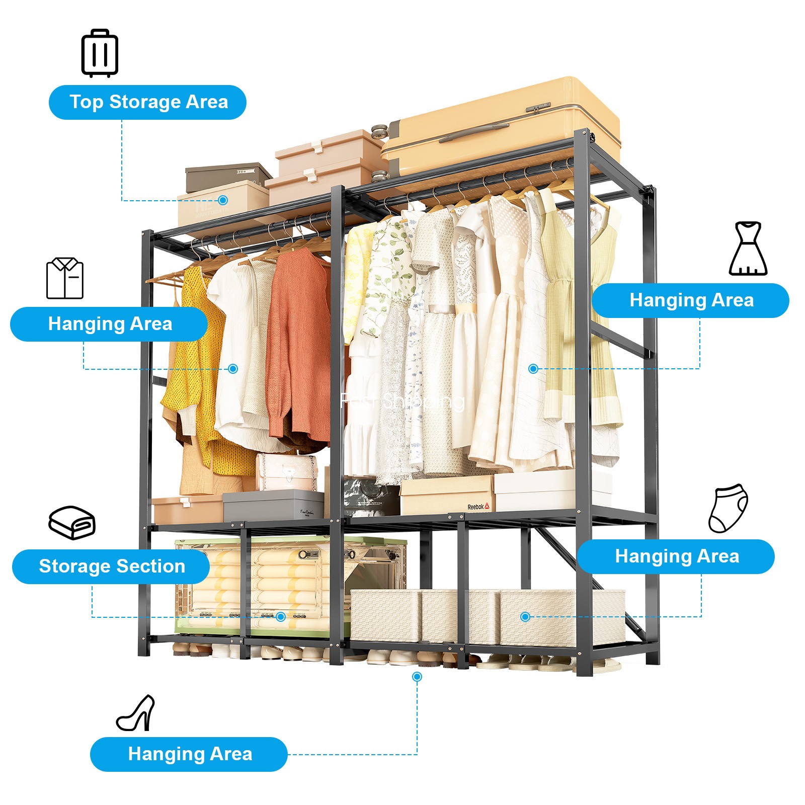 Heavy Duty Portable Metal Closet with Cover Foldable Covered Clothes Rack NEW