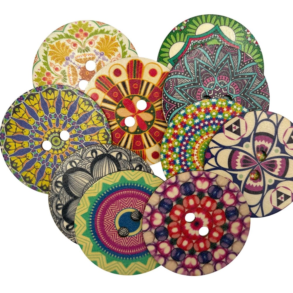 Decorative Wood Buttons with Mandala Patterns, 3 Inch, 20 Pack, Multicolor St...