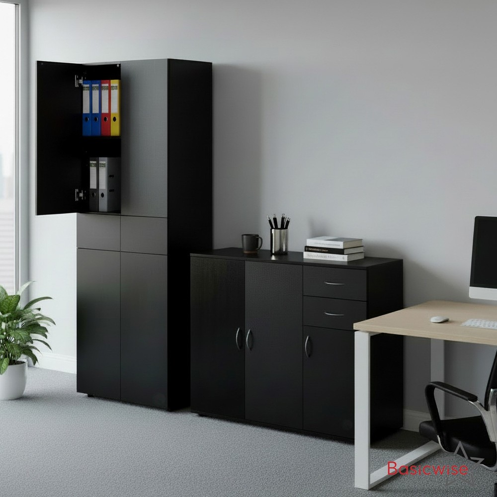 Basicwise Set of Buffet Table with Drawers Plus Cabinet with Compartments,Black