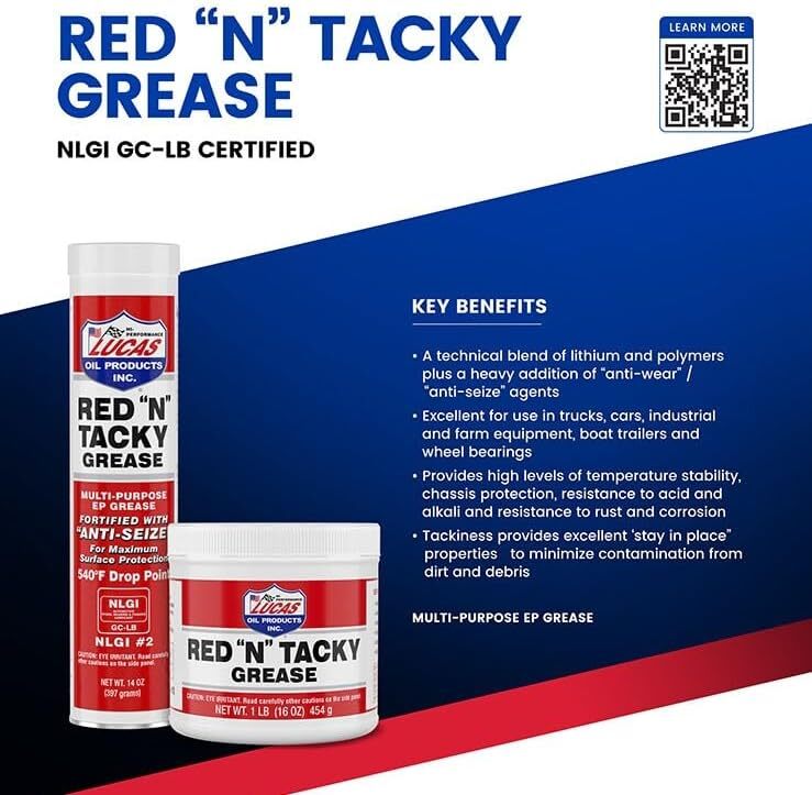 Lucas Oil Red 'N' Tacky Grease Rust Oxidation Inhibitors Wheel Bearing 14 Oz New