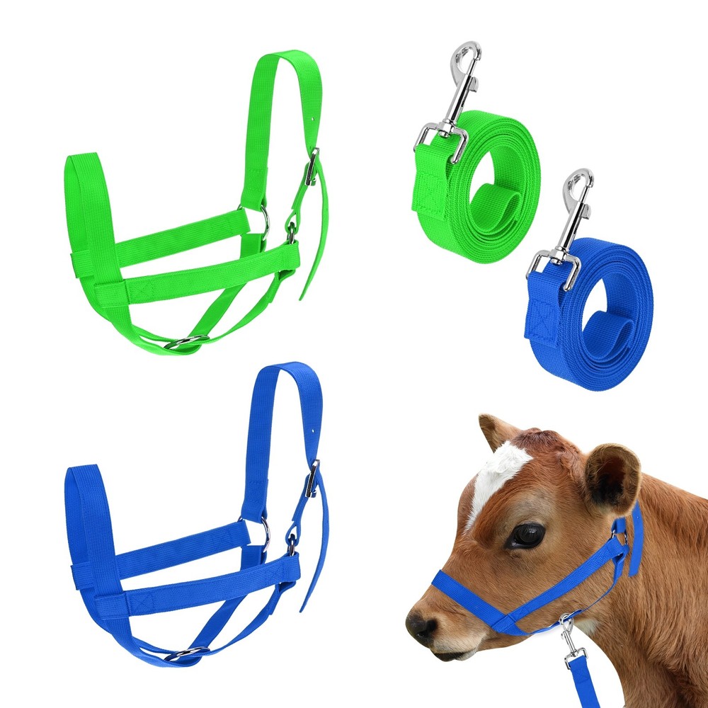 2-Pack Adjustable Cattle Cow Halter, 12.6"-18.9" with Lead Rope [Green, Blue]