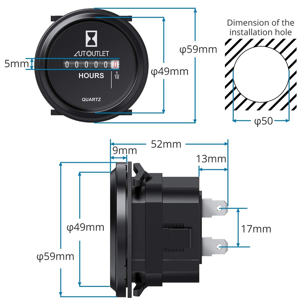 AUTOUTLET Quartz Hour Meter 2" Round - Without Metal Bracket, Rund