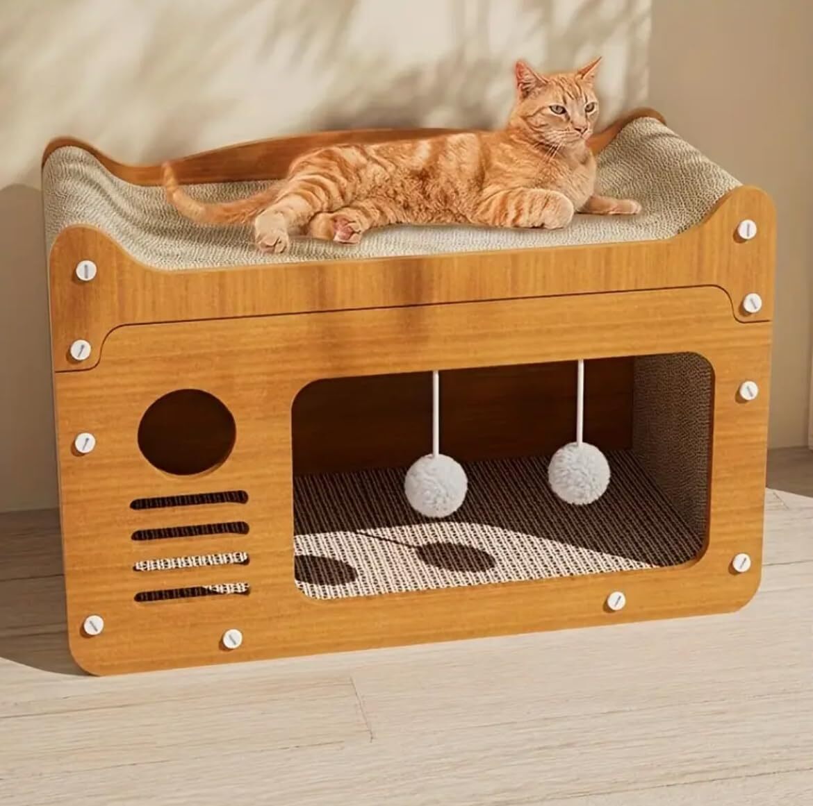 2-in-1 Cat Scratcher & Cozy Bed - Durable Cardboard Lounge Bed with Hanging Toys