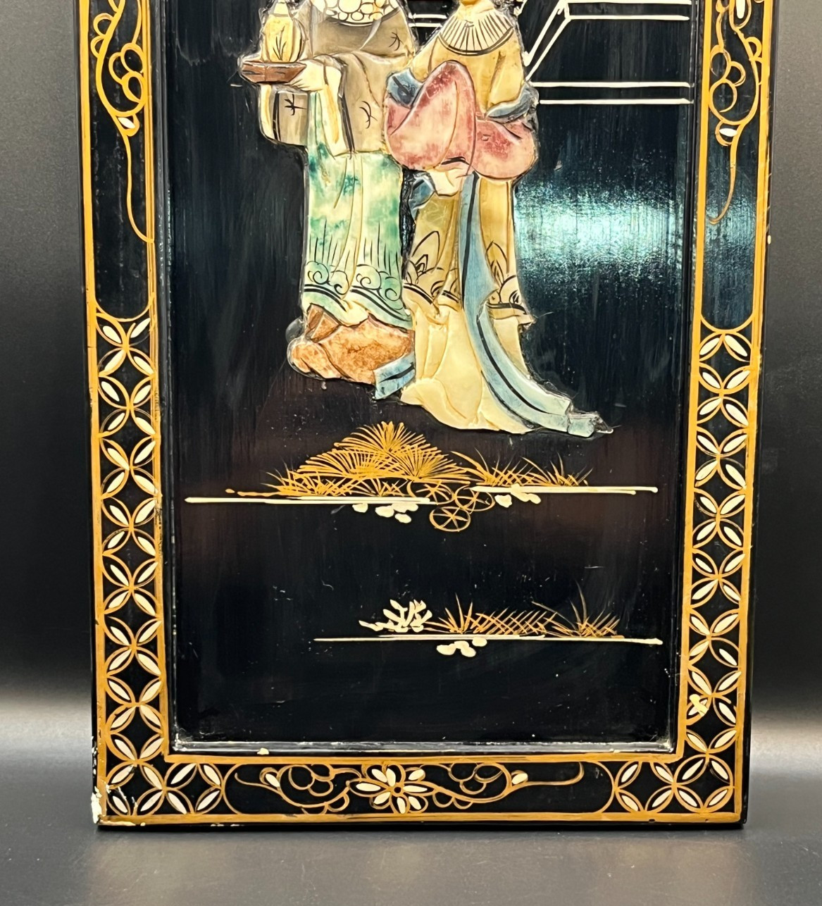 Vintage Chinese Black Lacquer Wall Panel Mother of Pearl Inlay & Stone Art