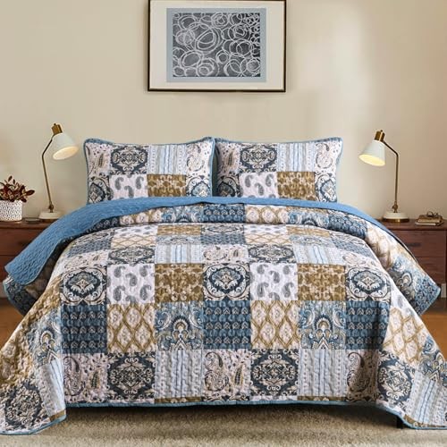Boho Quilt Set Size Patchwork Plaid Bedspread Bedding Sets Paisley Queen Blue