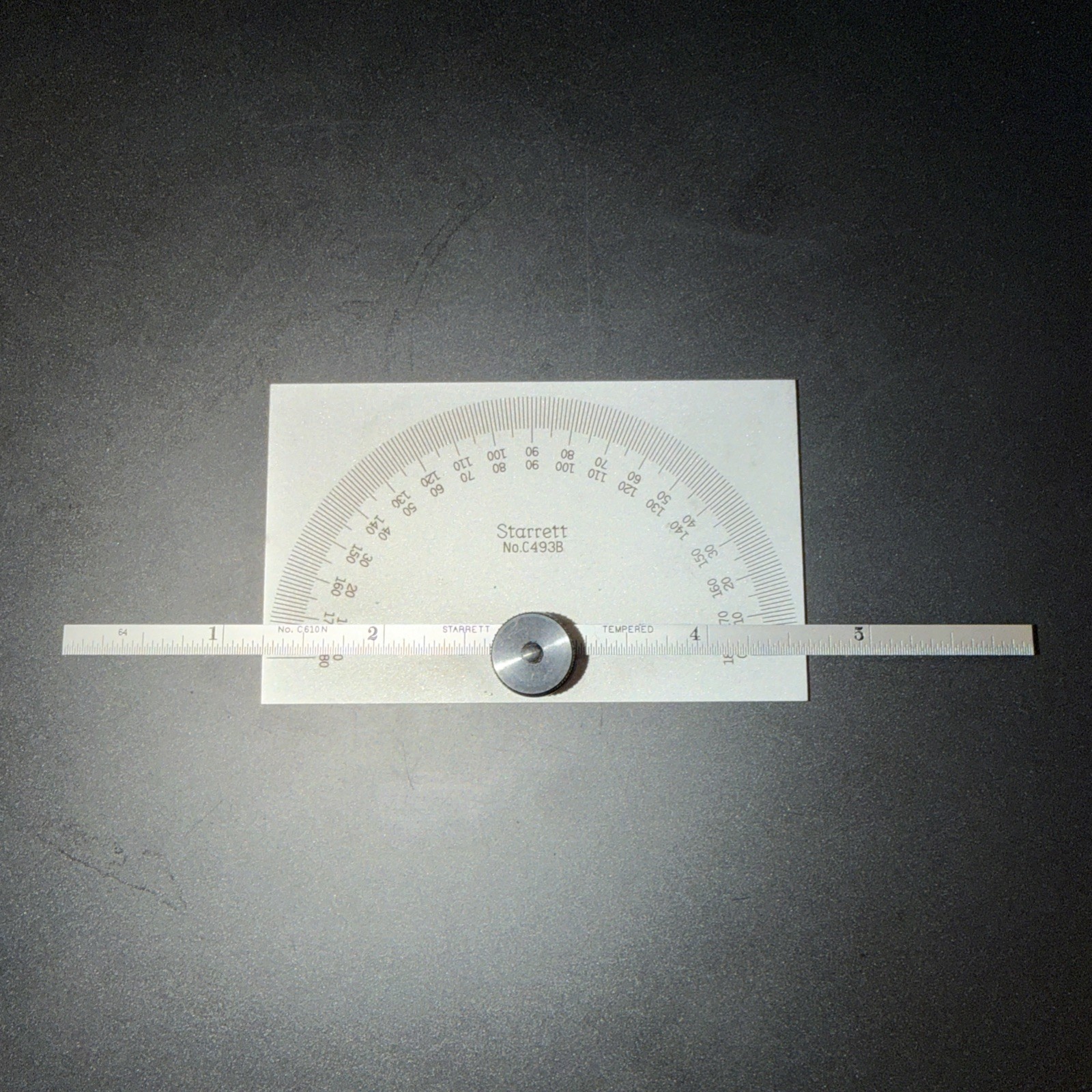 STARRETT No. C493B Satin Chrome Finish  Steel Protractor/Depth Gage. USA Made!