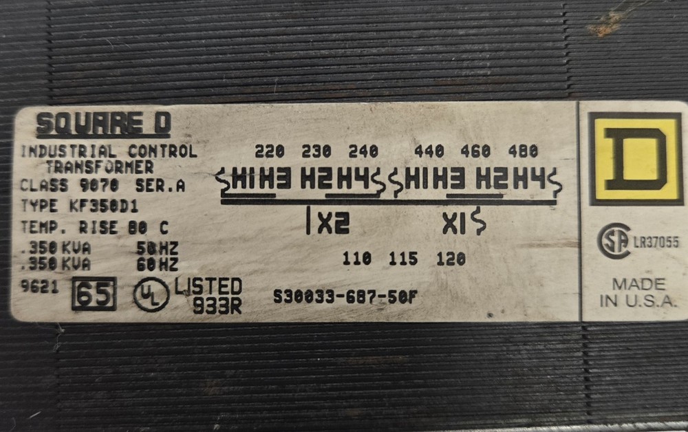 SQUARE D INDUSTRIAL CONTROL TRANSFOMER TYPE KF350D1.