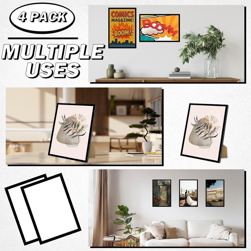 Versatile 4-Pack Black Frames for Comics and Artwork - Shatter-Resistant Design