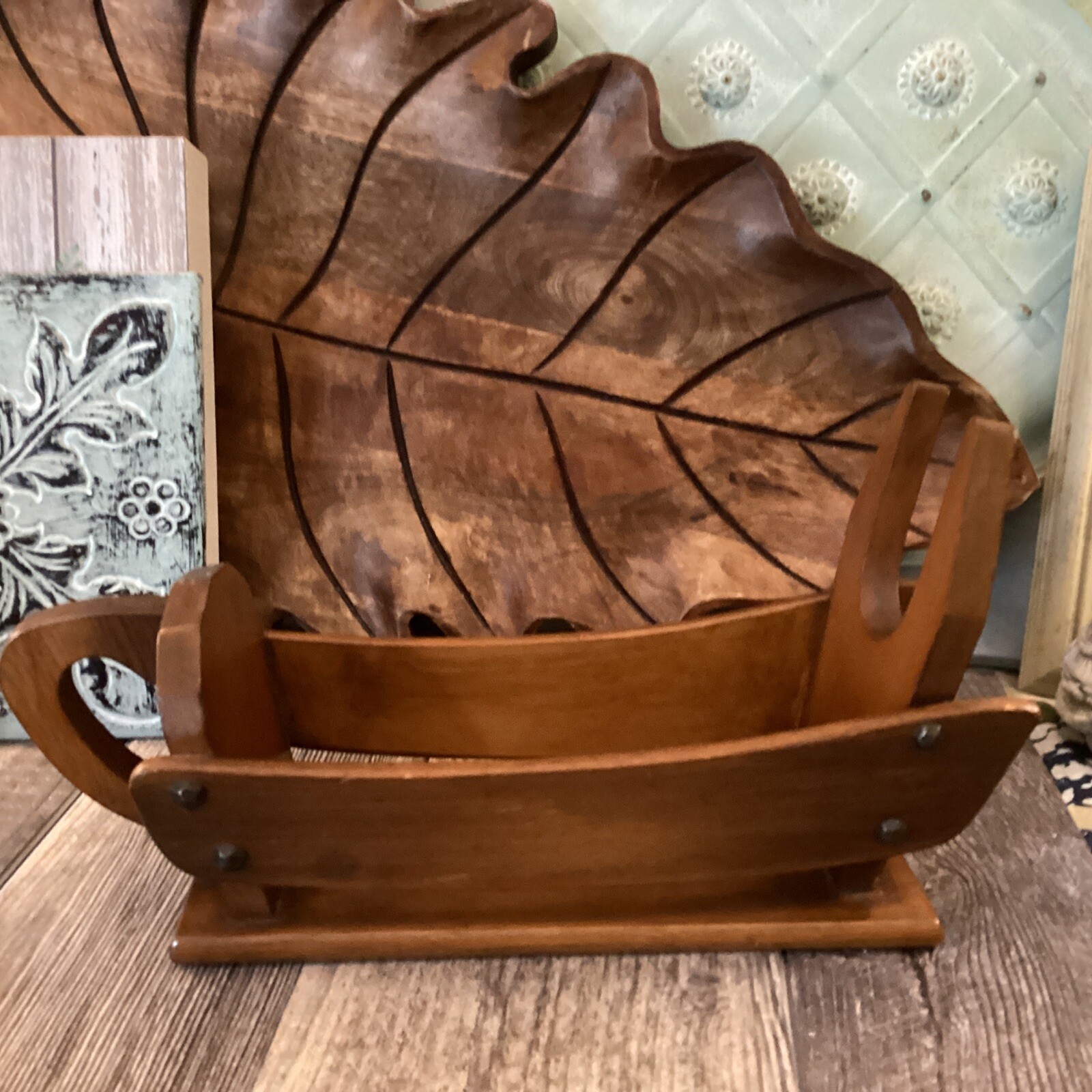 Mid Century Modern wood wine holder pourer with handle groovy Caddy Holder Gift