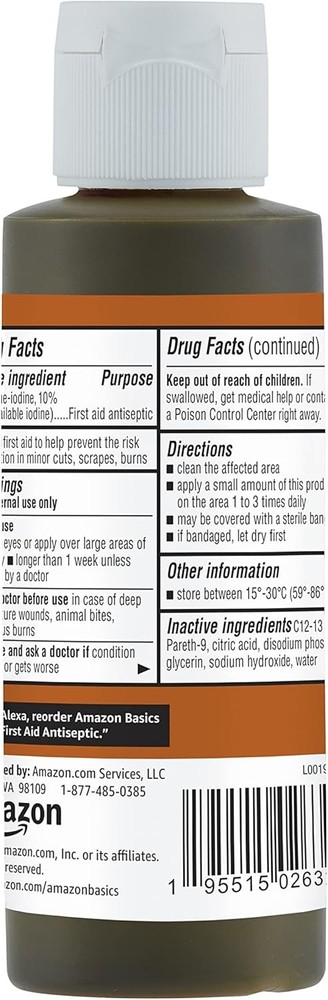 Amazon Basics First Aid Antiseptic, 10% Povidone Iodine Solution, Unflavored, 4