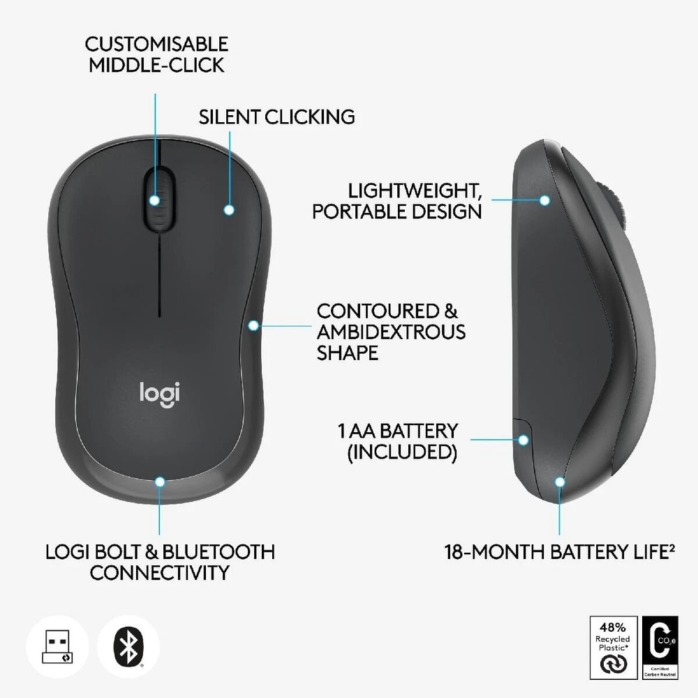 Logitech M240 Silent Bluetooth Mouse, Wireless, Compact, Portable Graphite Black