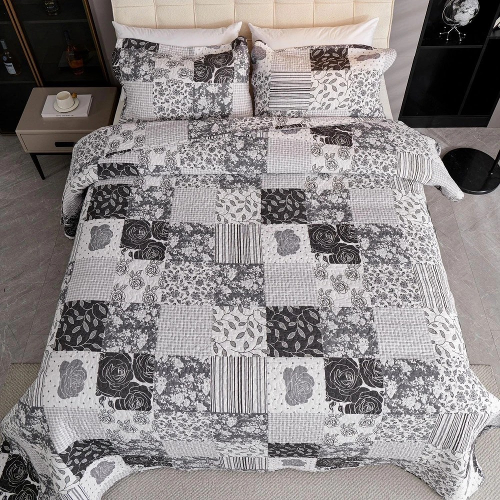 King Quilt Bedding Set Patchwork 100% Cotton Bedspread Coverlet Lightweight Gray