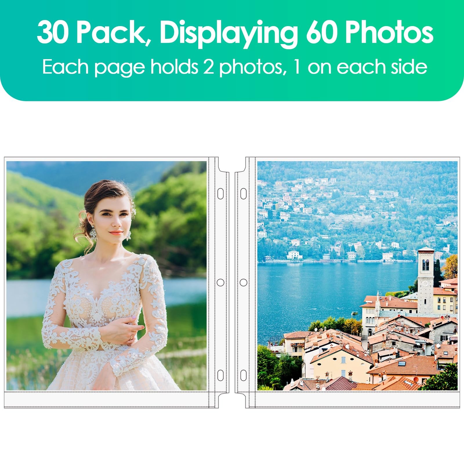 30 Pack 8x10 Photo Sleeves for 3 Ring Binder (60 Pictures), Heavy-Duty Archiv...