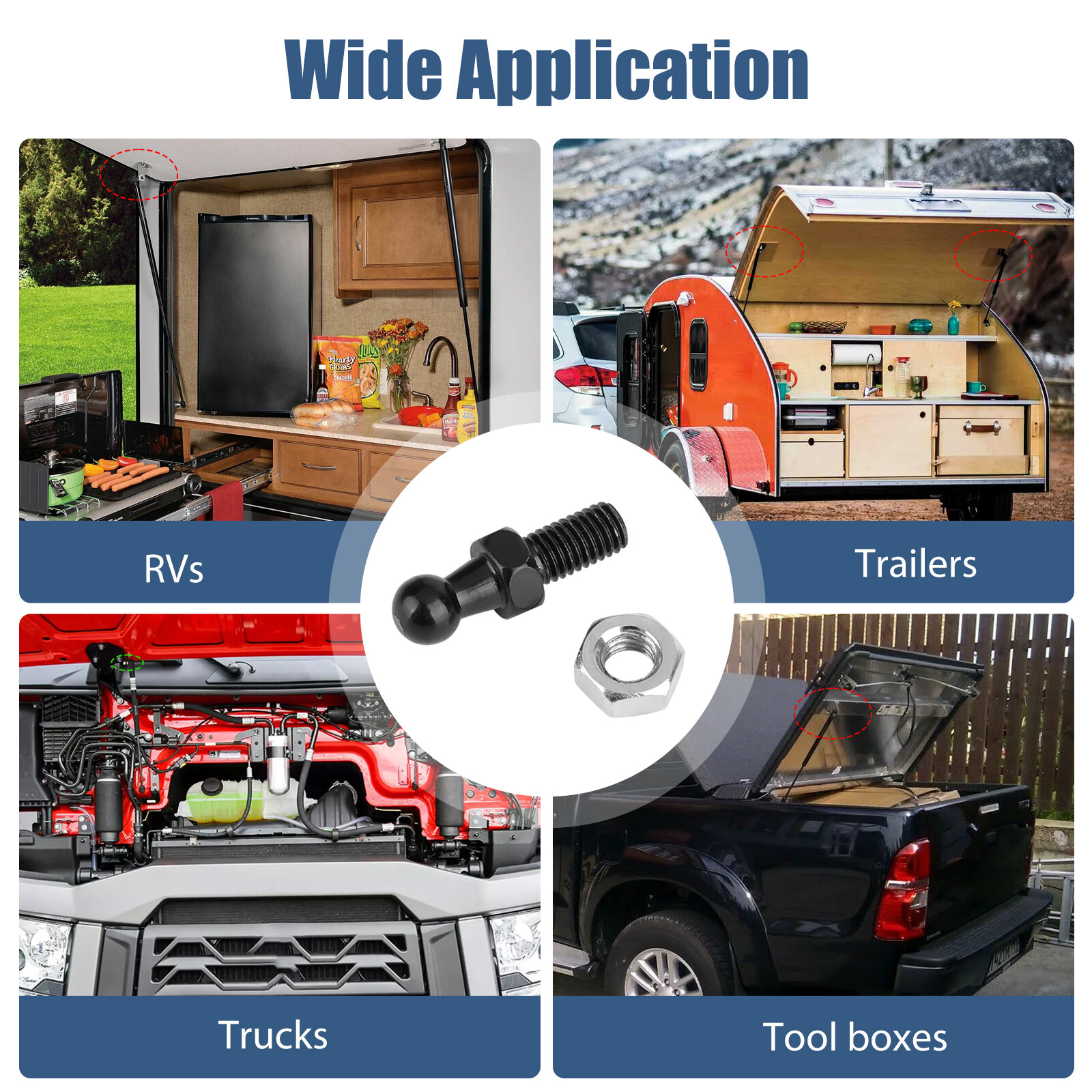 4 Ball Stud Mounting 10 mm 1/2 Inch Thread Shaft for Gas Prop Strut Spring Lift