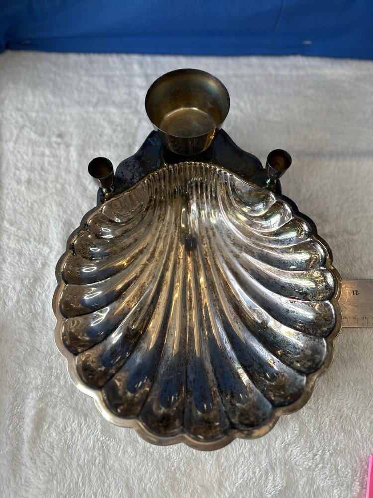 Vintage Sheffield Silver Shell Dish Scalloped Serving Bowl W/ Candle Holders 15"