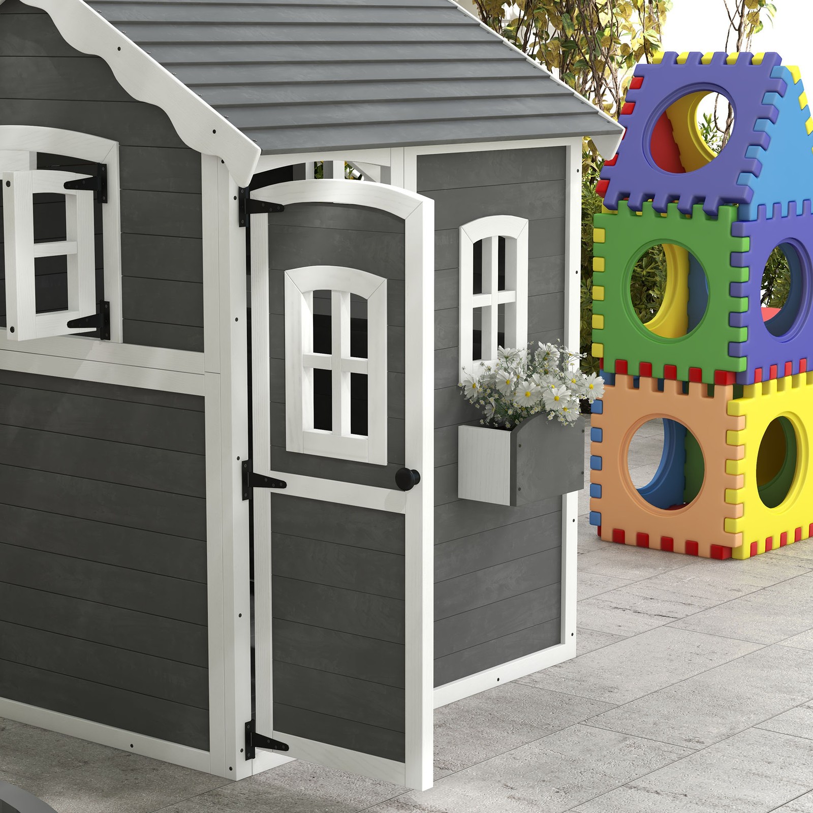 Outdoor Wooden Kids Playhouse with Floor – Backyard Garden Play House Ages 3–8