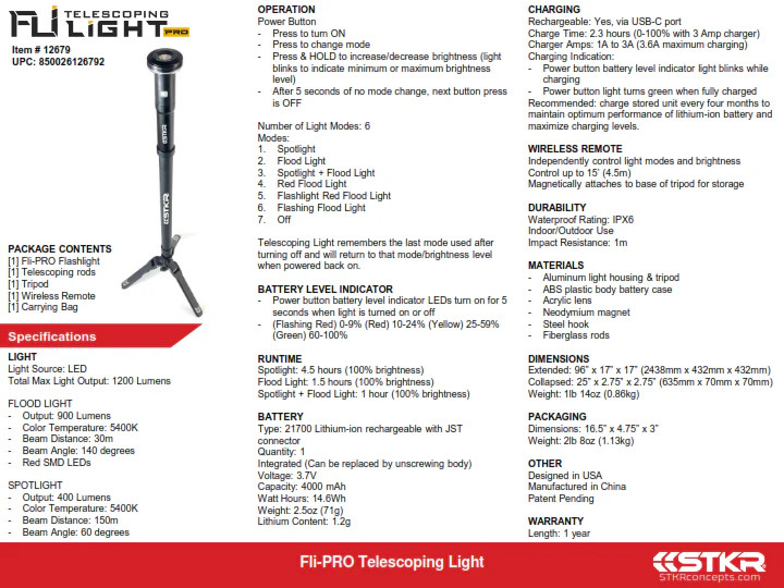 Stkr 05-1085 12679 FLI-PRO TELESCOPING LIGHT 8' WITH REMOVABLE FLASHLIGHT
