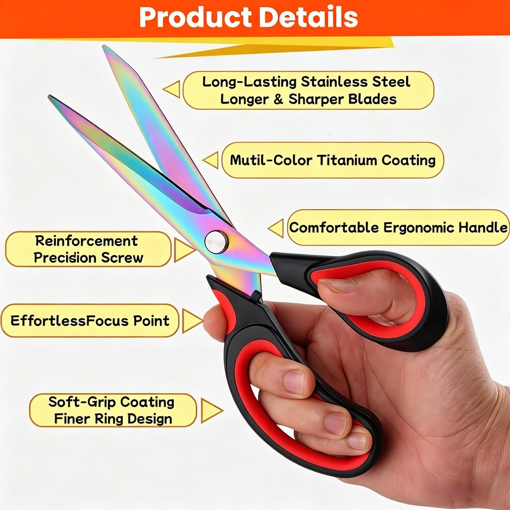 Scissors Multi-Purpose, 9.5" Sharp Sewing Scissors, Professional Heavy Red