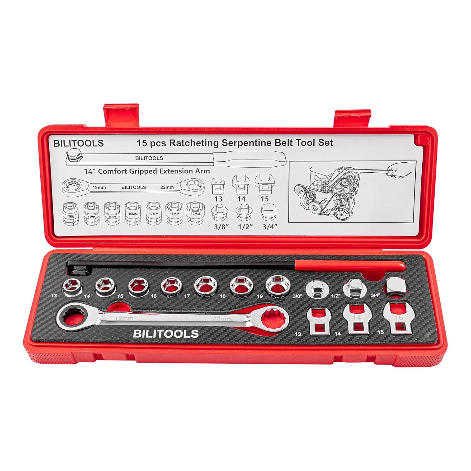 15 Piece Universal Serpentine Belt Tool Kit, Ratcheting Serpentine Leather