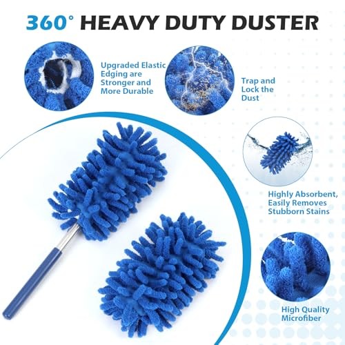 12 Pack Microfiber Dusters for Cleaning, High Duster with Extension Pole, Blue