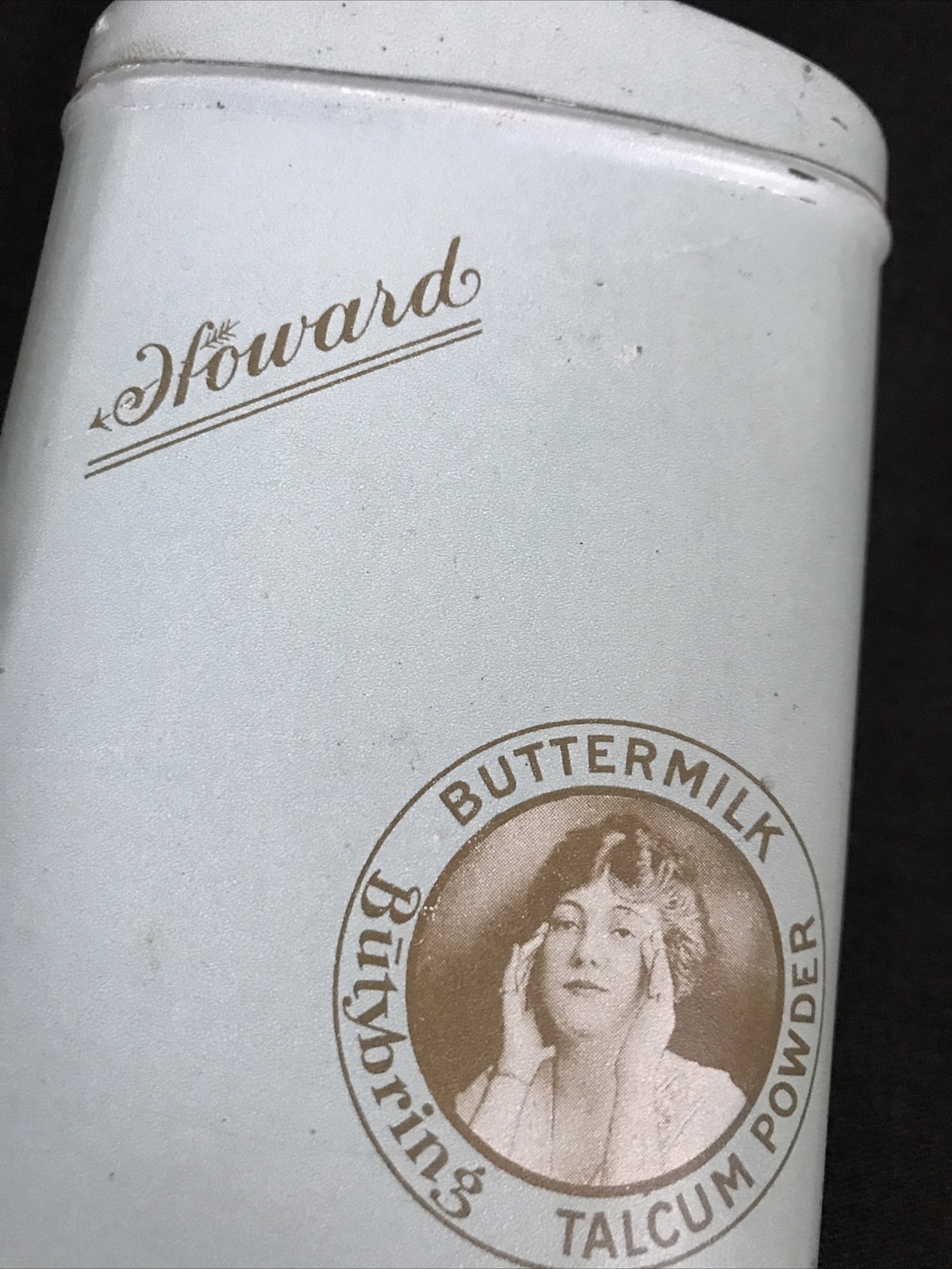 HOWARD Buttermilk Talcum Powder Tin Antique Butybring Howard's Litho Advertising