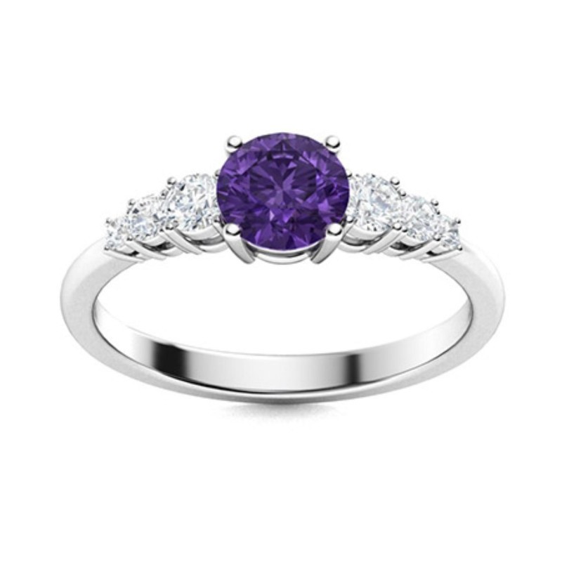 Sterling Silver Natural Amethyst Wedding Prong Solitaire with Accents Ring