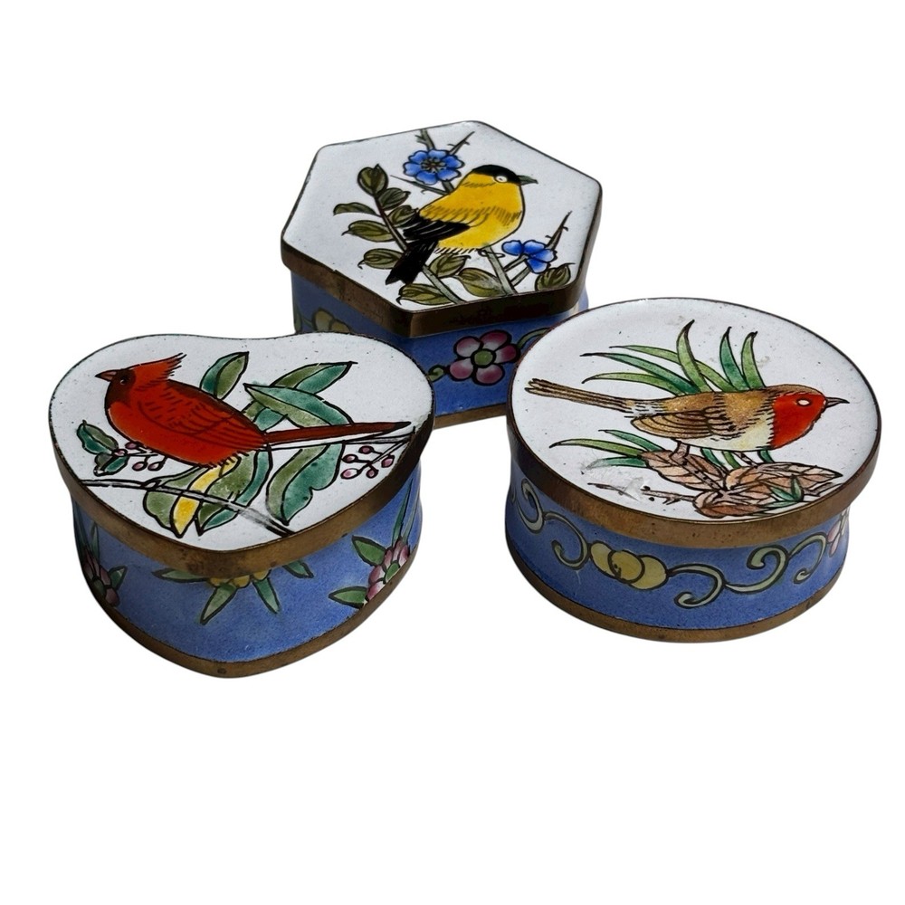 3 Handcrafted Bird Copper & Enamel Trinket Boxes Cardinal