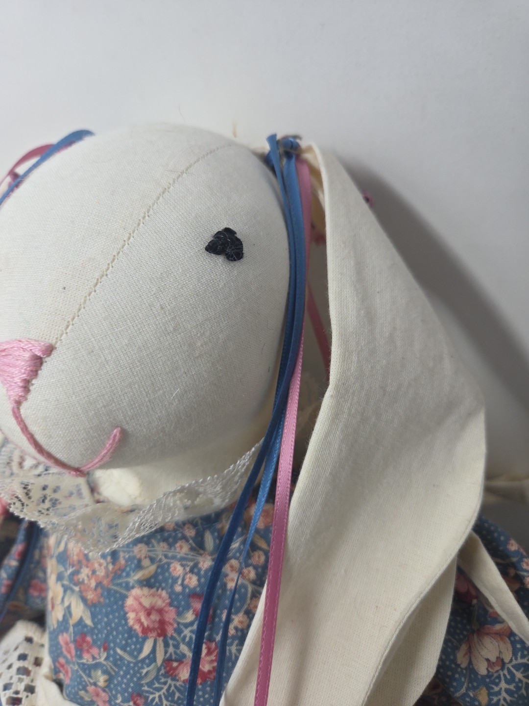 Vintage Handmade 19” Easter Bunny Rabbit Doll Flowers Floral Lace Dress & Apron