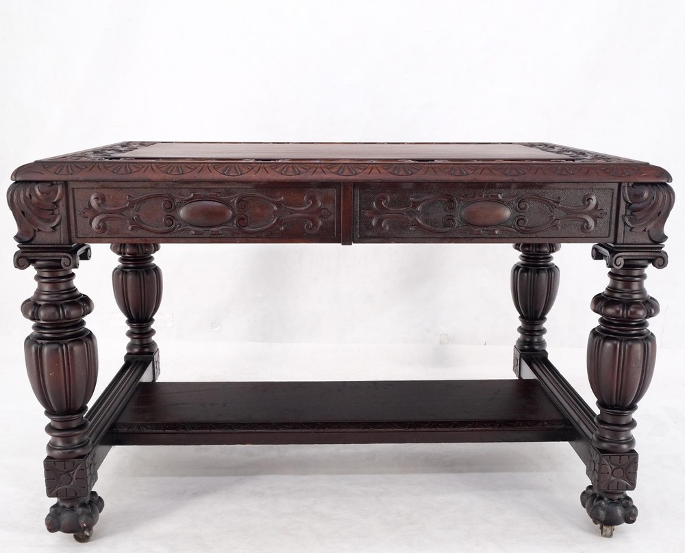 Jacobean Finely Carved Massive Solid Mahogany Partners Desk