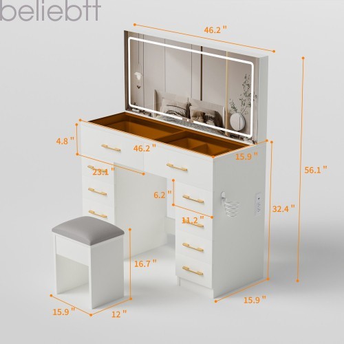 46"Glass Top Vanity Desk 10 Drawers Makeup Vanity Power Outlet, Silent Slides