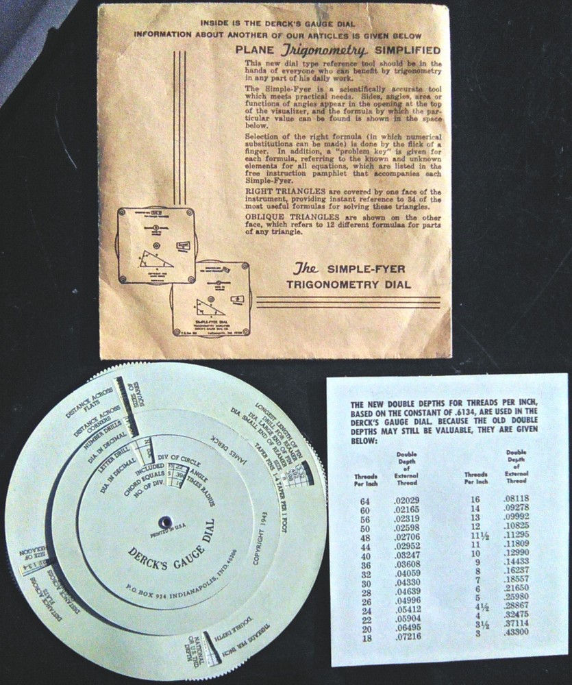 1943 DERCK'S GAUGE SIMPLE-FYER TRIGONOMETRY DIAL WITH ENVELOPE