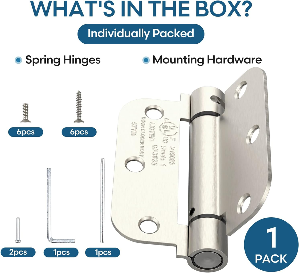 Self Closing Door Hinge, Auto Closing Spring Hinge with Adjustable Tension, 3.5