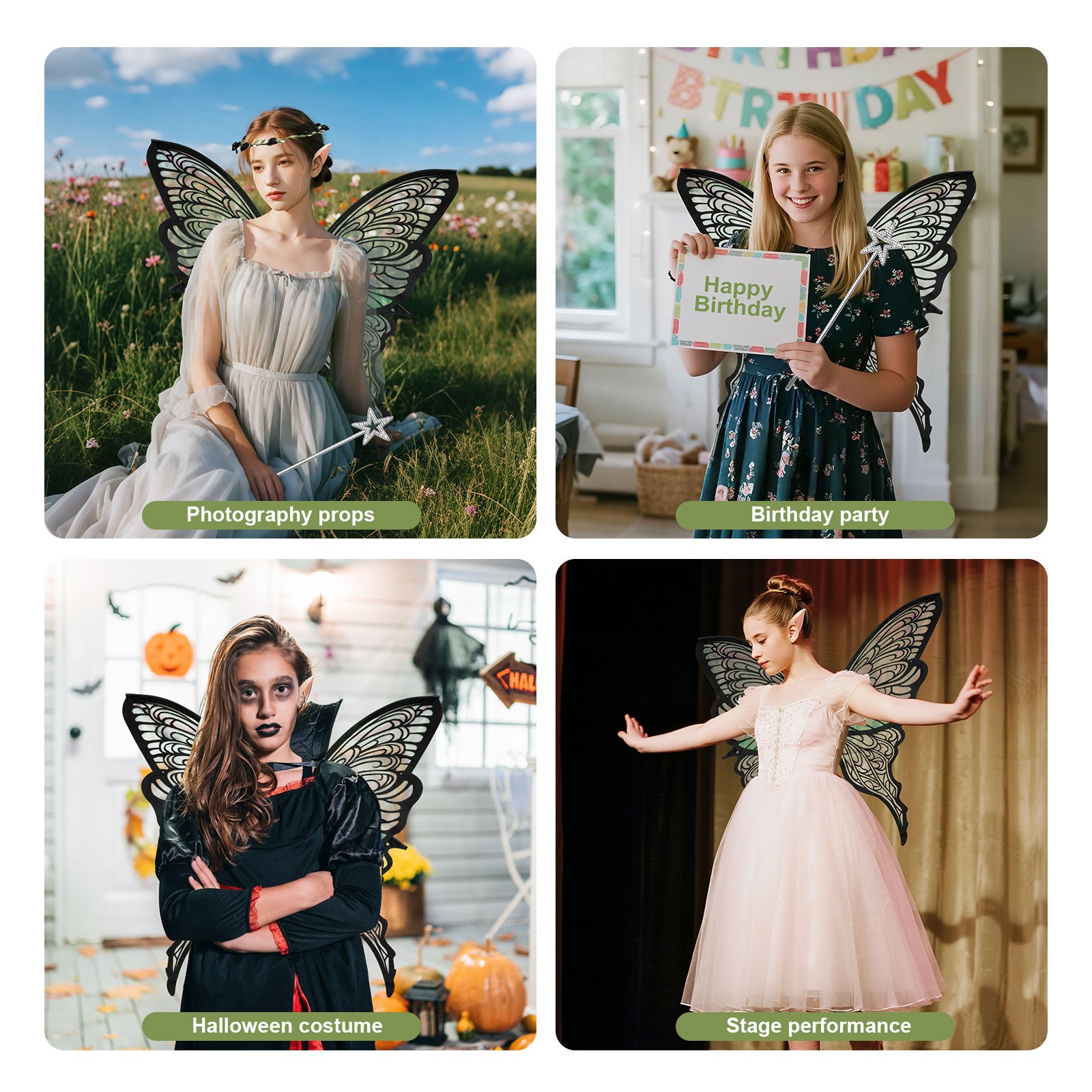 Adult Butterfly Fairy Wings Set Cosplay Costume W/ Wand & Elf Ears for Halloween