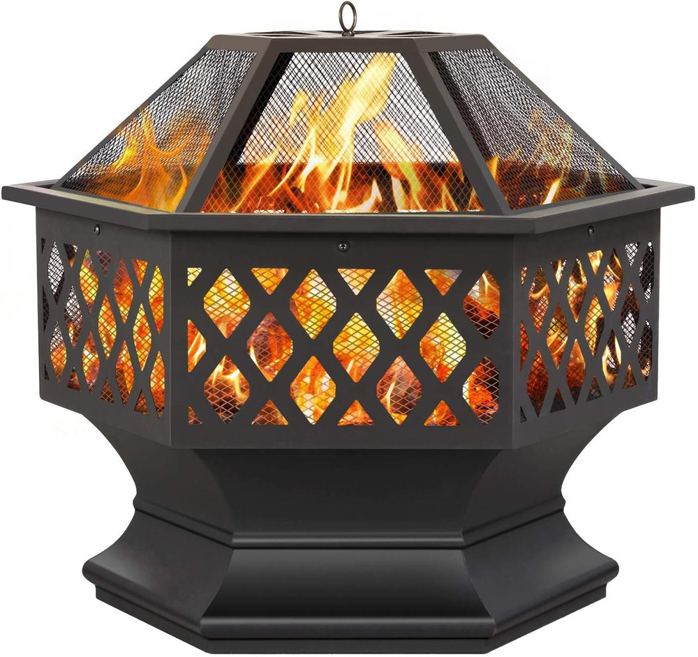 Fire Pit Fire Pits for outside 24In Hex Shaped Firepit Bowl with Spark Screen &