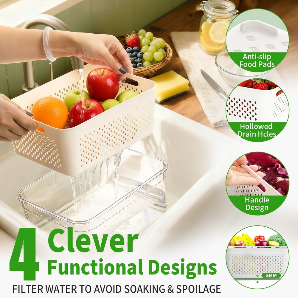 5-Pack Large Fruit Storage Containers for Fridge with Removable Colander, 2 i...