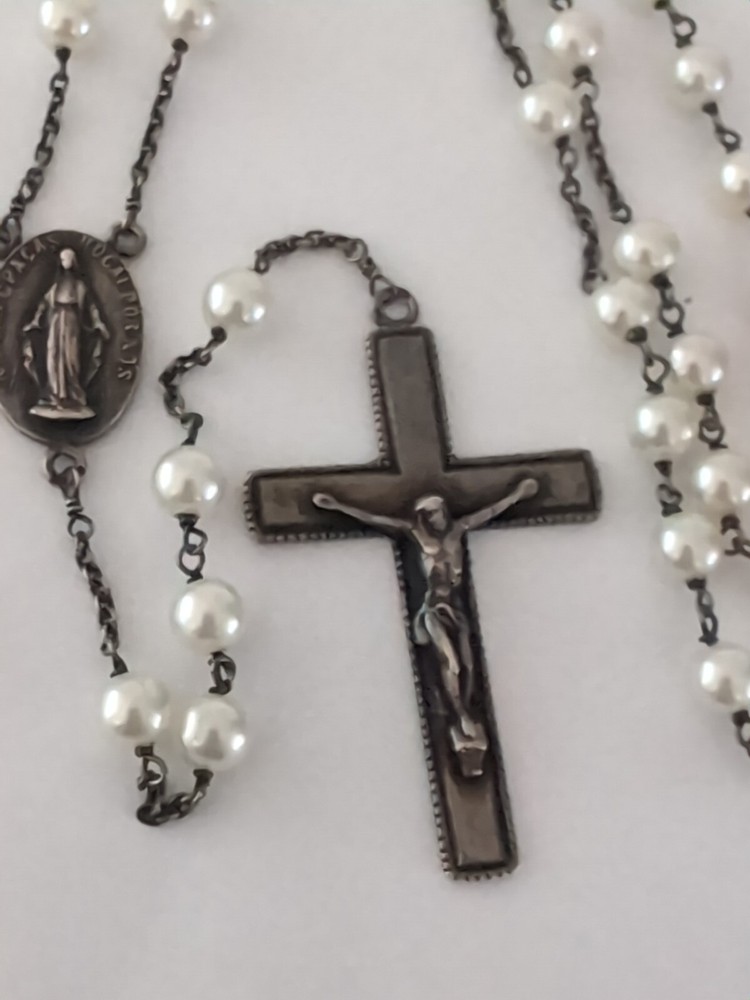 Vintage 835 Silver Pearl Rosary Beads