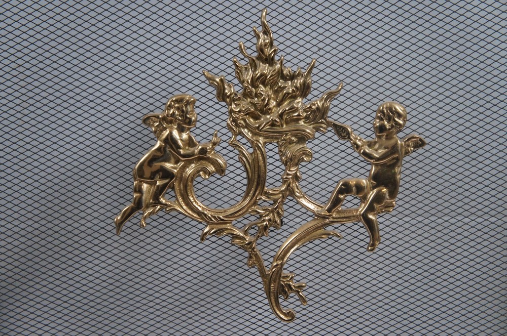 Antique Brass & Mesh 3 Panel Cherub Folding Fireplace Screen Hearthware 50"