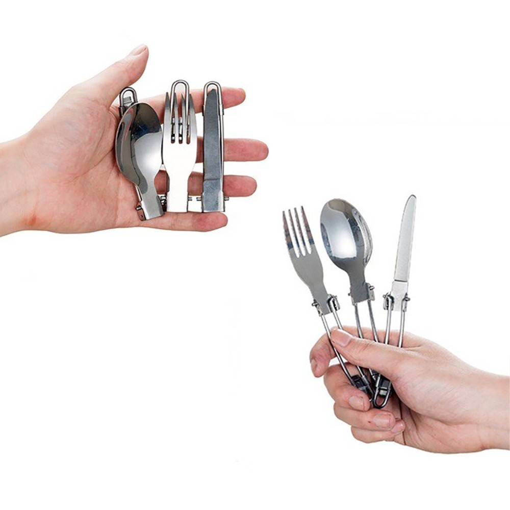 Stainless Steel 3Pcs Folding Camping Picnic Cutlery Utensil Set Spoon Fork Knife