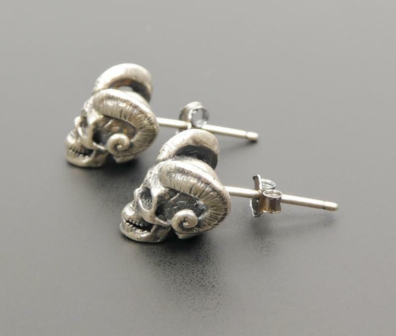 Handmade Sterling Silver Devil Demon Skull Horn Stud Post Earrings Gothic Punk