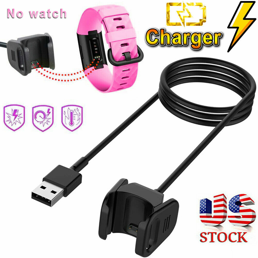 Fitbit Charge 3 Replacement KIT : 2 Large Bends Black+USB Charger Cable 40''