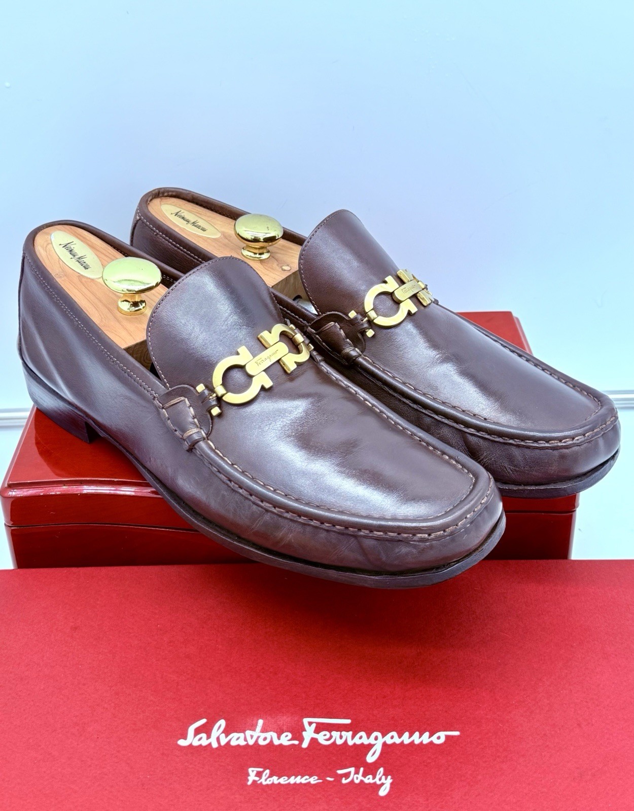 Ferragamo Mens Brown Loafers 12 Gold Gancini Horse Bit Leather Luxe Shoes Rare