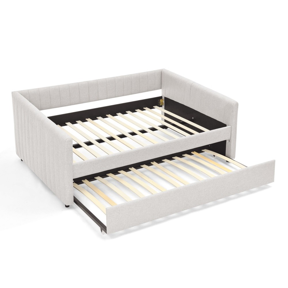 Full Daybed Modern Linen Upholstered Bed Frame Sofa Bed w/ Pull-Out Trundle