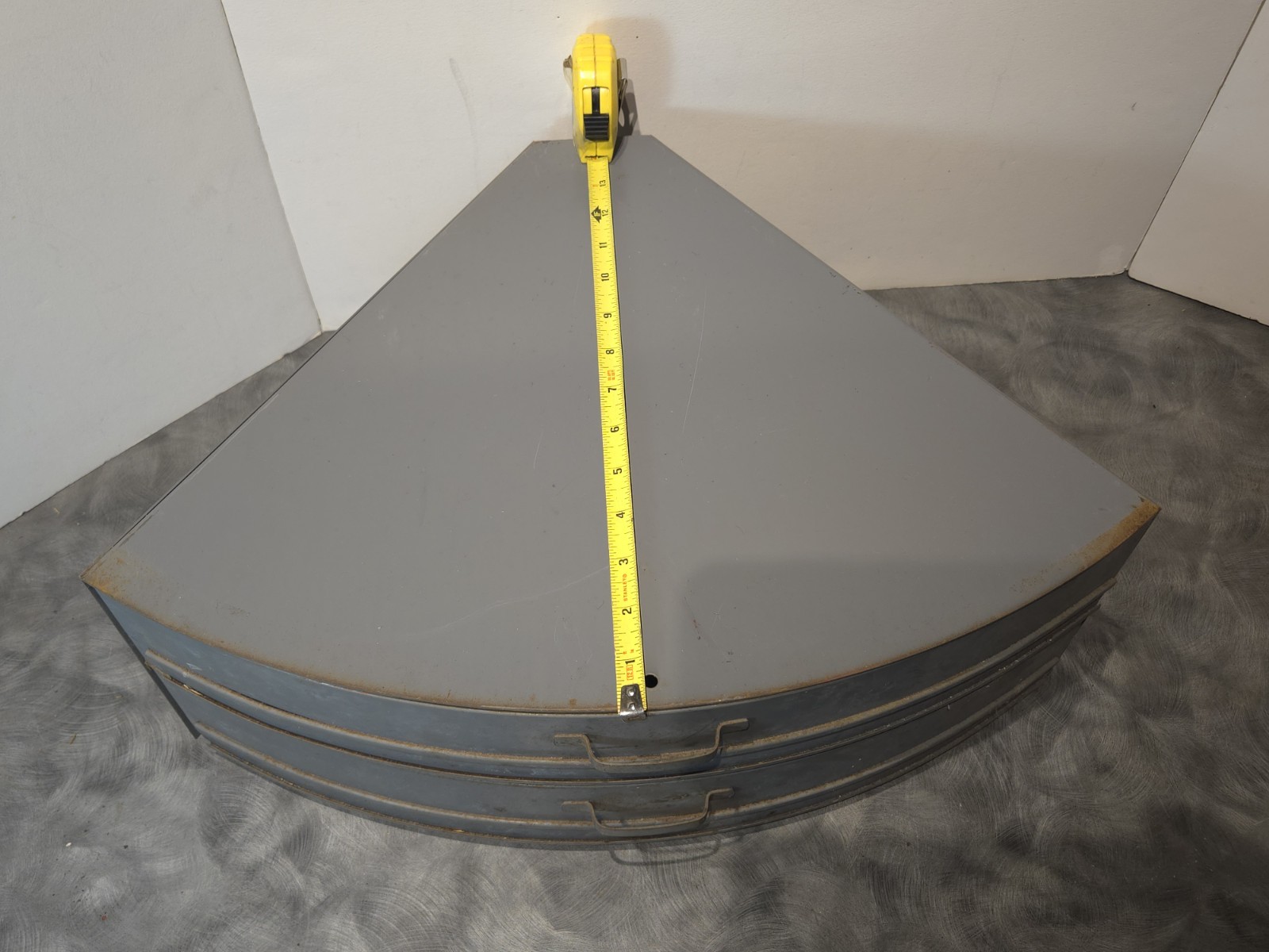 Vintage Industrial Metal Pie Shaped Corner Hardware Parts Bin 3 Drawer Cabinet